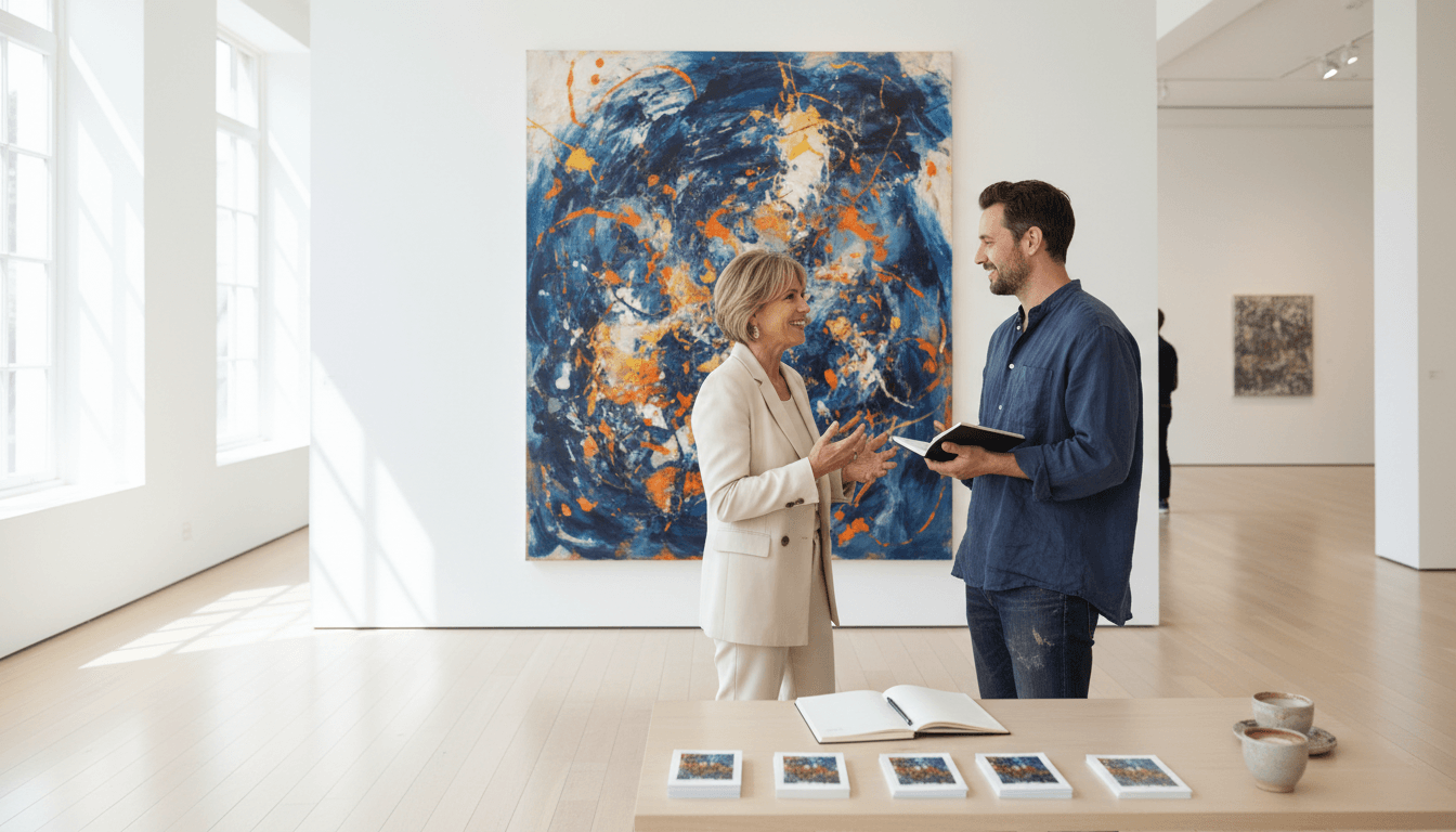 a gallery director and an artist in conversation in front of a large abstract blue-and-orange canvas in a bright gallery, with catalogues laid out on a table