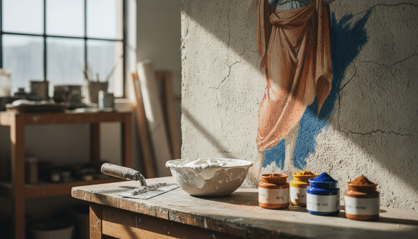 a section of lime-plaster wall with a vivid fresco beside a plasterer's trowel, a bowl of lime putty, and jars of earth pigment
