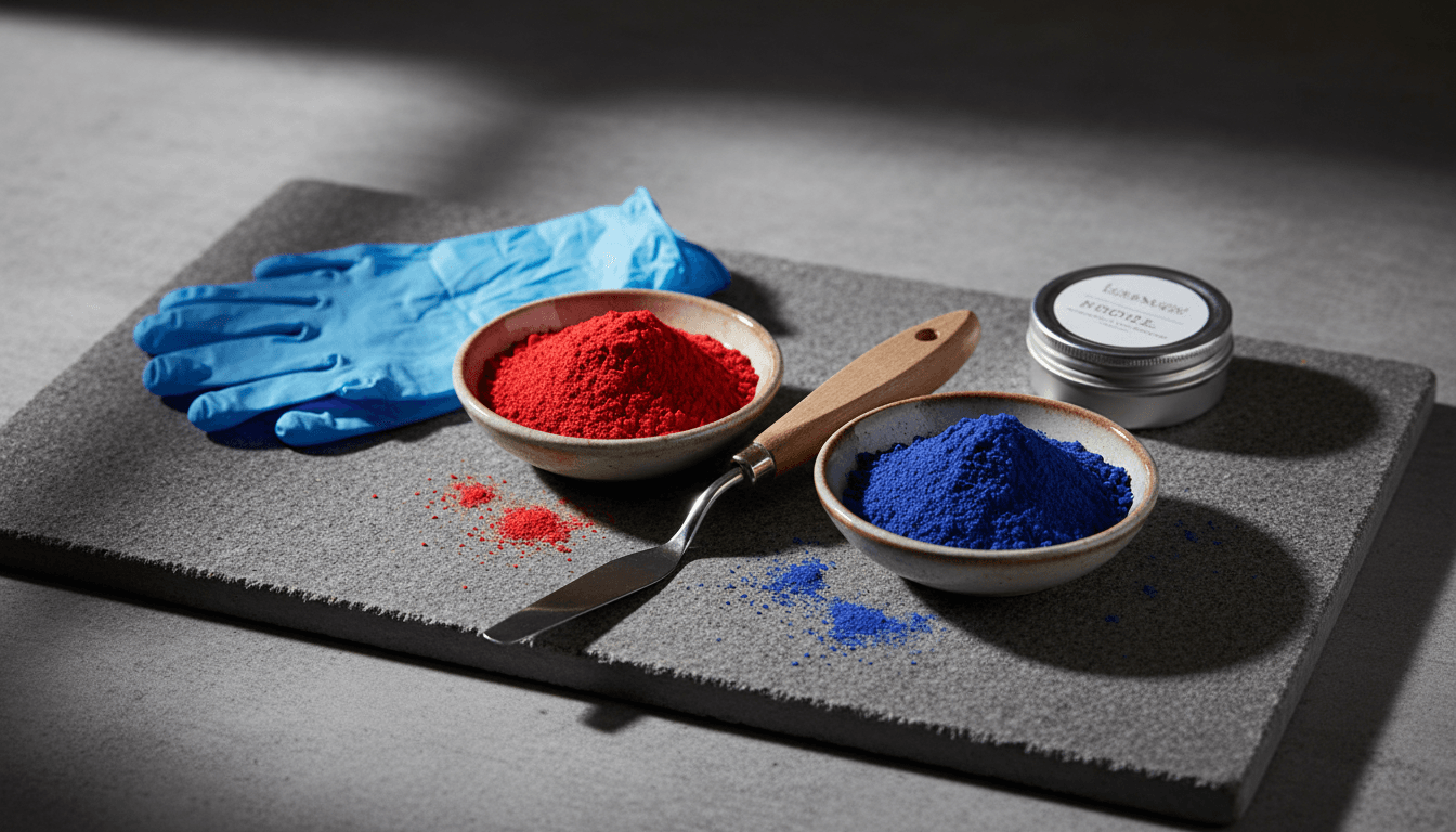 two dishes of cadmium red and cobalt blue pigment powder, a palette knife, blue nitrile gloves, and a metal tin on a grey stone slab
