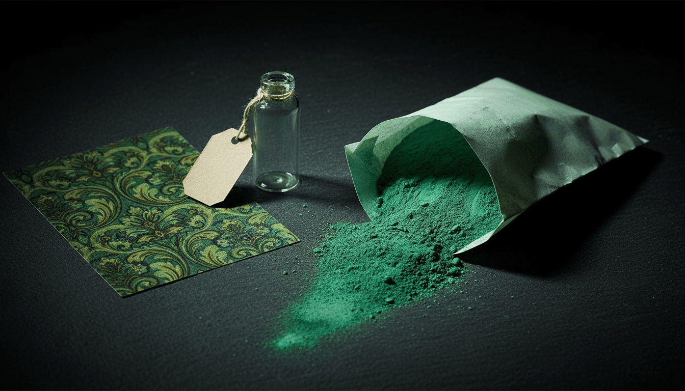 Vivid emerald green pigment powder, a Victorian green wallpaper fragment, and a blank glass vial on a dark surface.