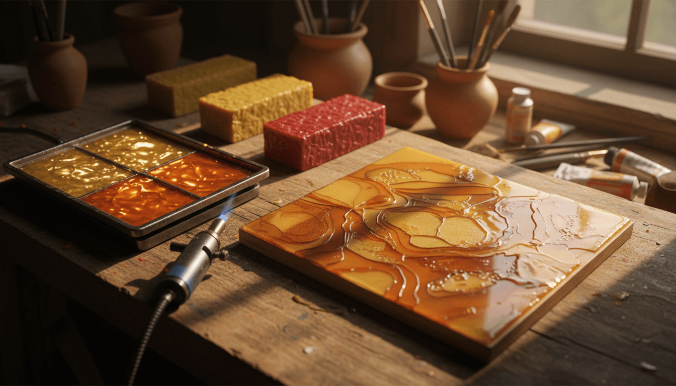 blocks of yellow and red pigmented wax beside a heated palette of molten wax, a blowtorch, and a glossy fused wax panel in a studio