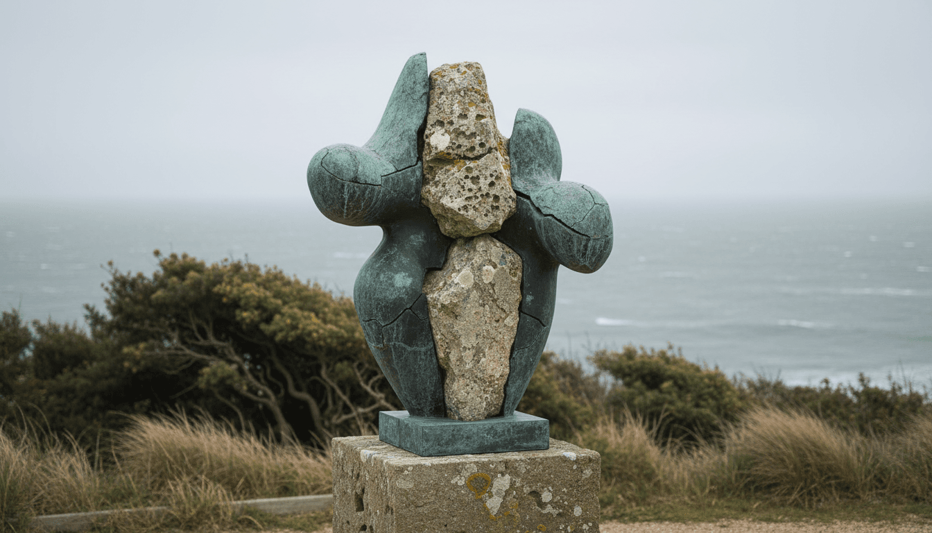 A weathered bronze and limestone outdoor sculpture with green corrosion, cracks and lichen on a stone plinth.