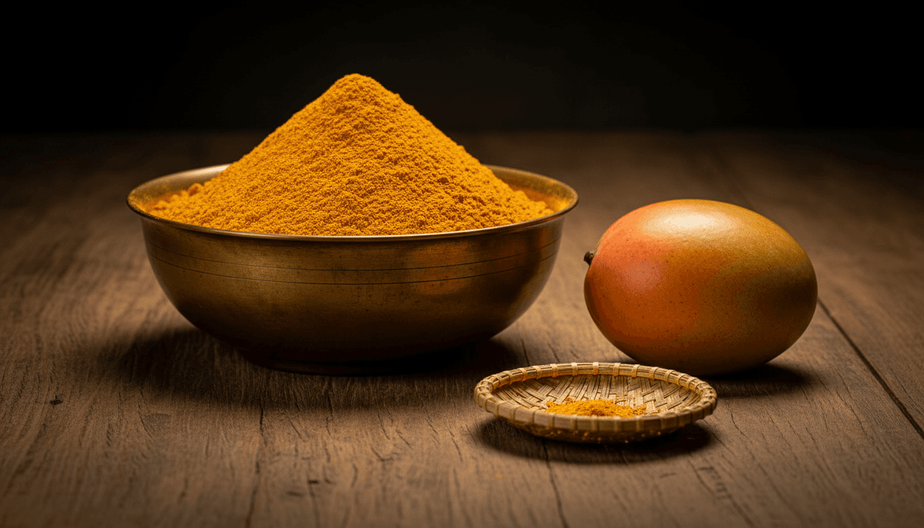 a brass bowl of golden-yellow Indian yellow pigment powder beside a ripe mango and a small woven dish on an aged wooden table