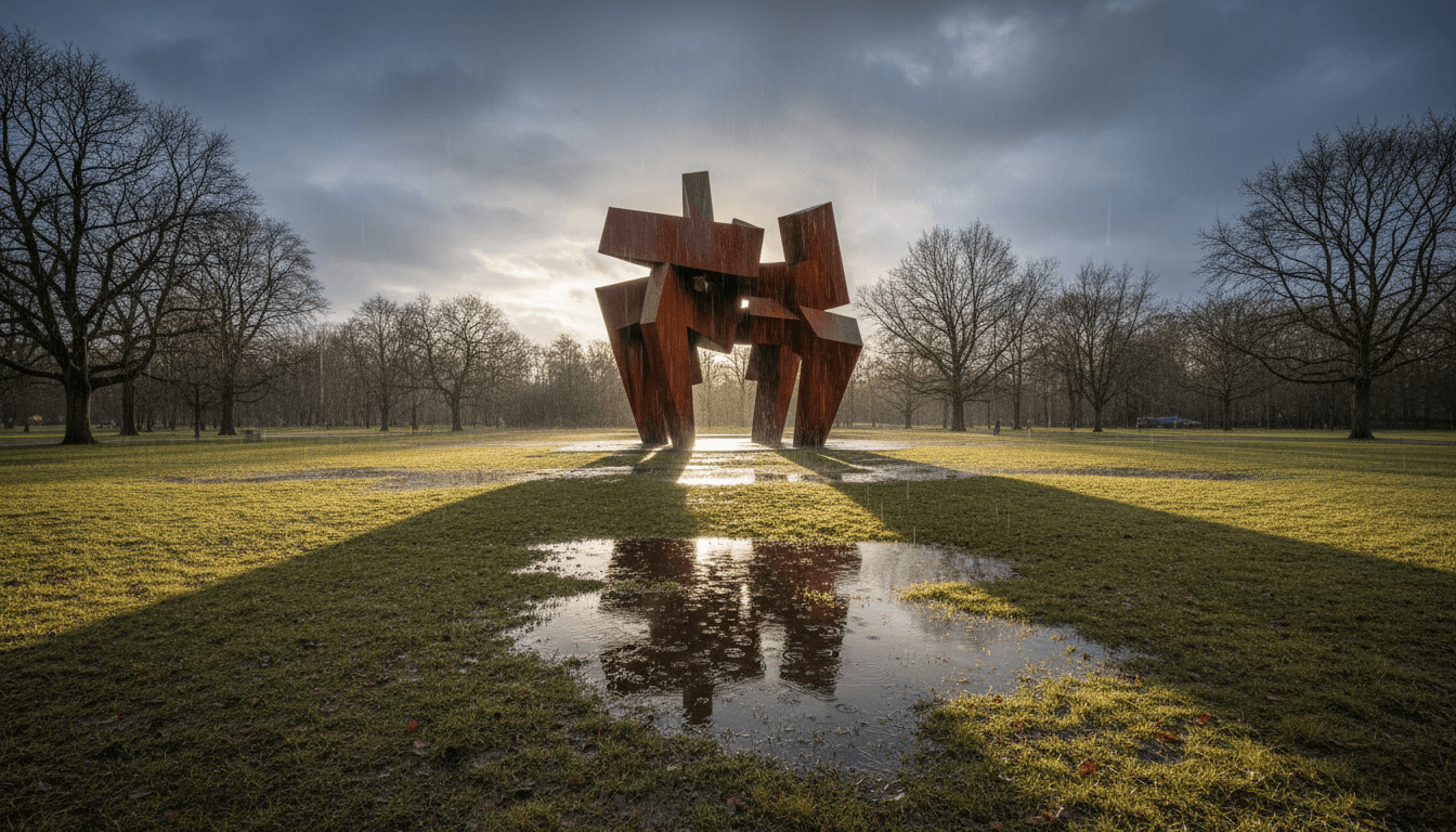 A large rusted steel outdoor sculpture in a park under rain clouds, reflected in puddles.