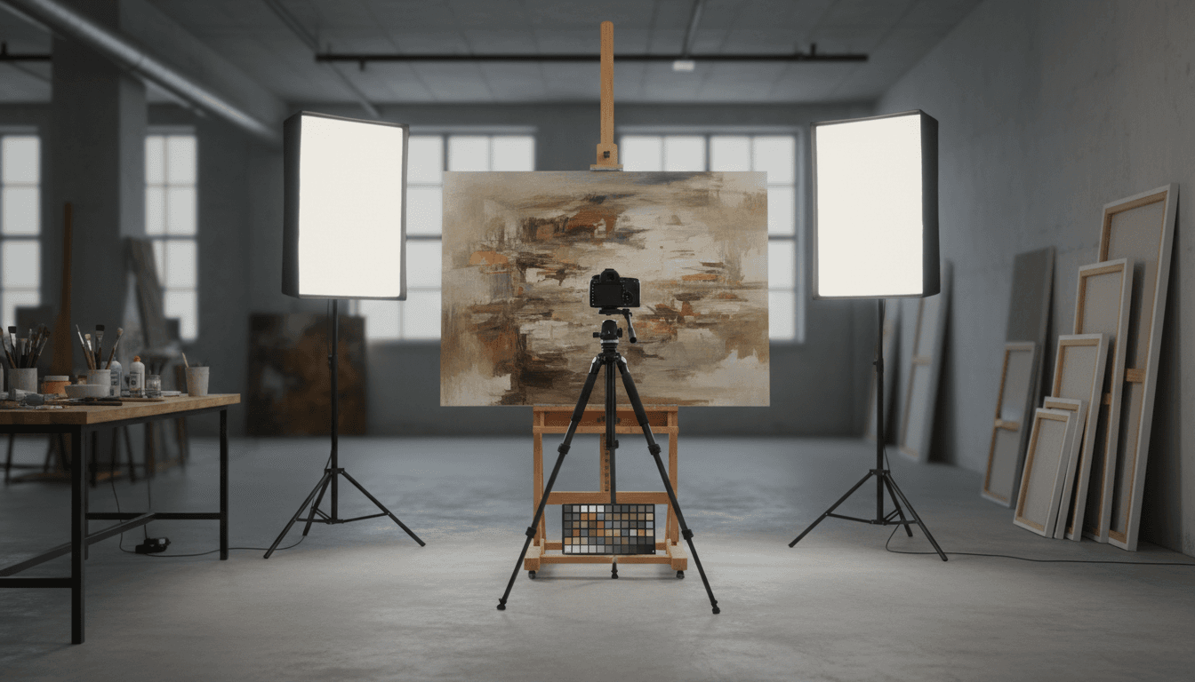 a camera on a tripod aimed at a painting on an easel between two softbox lights, with a colour-checker card below, in a studio
