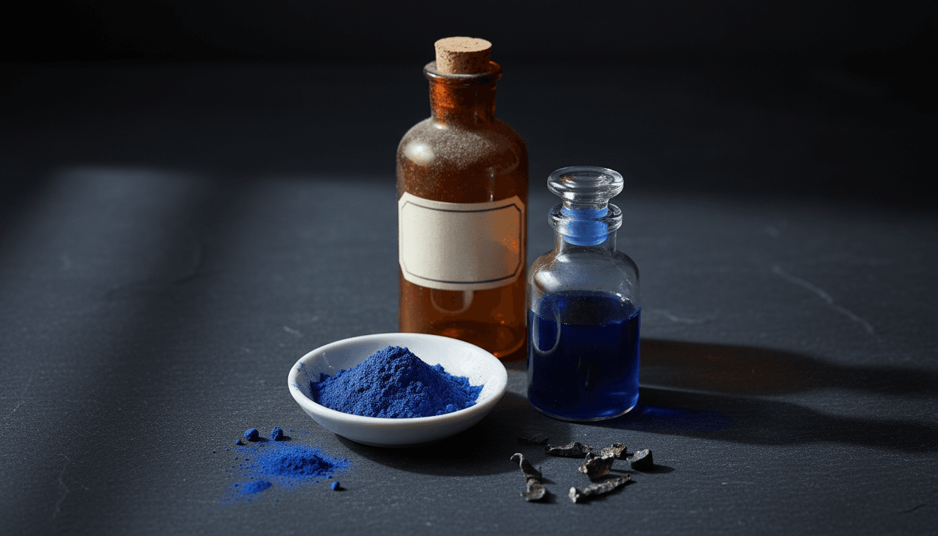 a white dish of deep Prussian blue pigment powder with a glass jar of blue liquid, an apothecary bottle, and dark iron fragments on a slate surface
