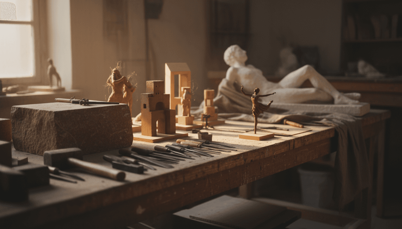 a sculptor's studio with scale maquettes on a workbench, a block of stone, a mallet and chisels, a small bronze study, and a plaster model