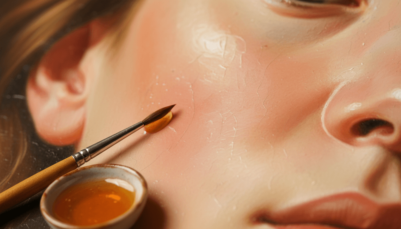 a close-up of an oil painting where one tone dissolves into another with no visible edge, beside a fine sable brush and a dish of amber glaze