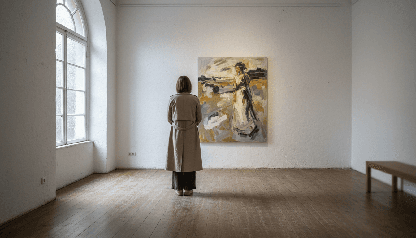 a lone visitor viewed from behind standing before a single large painting in a small white-walled gallery with a tall arched window and wooden floor