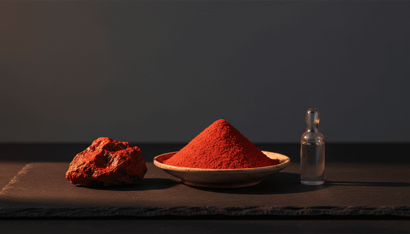 Vermilion red pigment, a chunk of cinnabar ore, and a small glass ampoule of mercury on a dark slate surface.