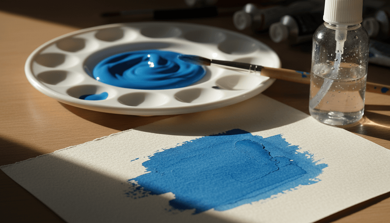 a wet glossy blue acrylic paint swatch on a palette beside its dried matte version on paper, with a brush and a water spray bottle