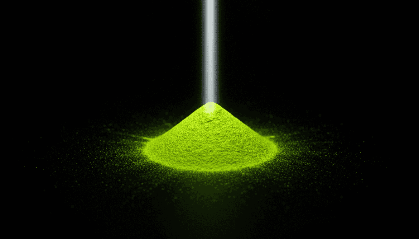 A vivid luminous yellow-green pigment powder glowing under a beam of light on a dark surface.