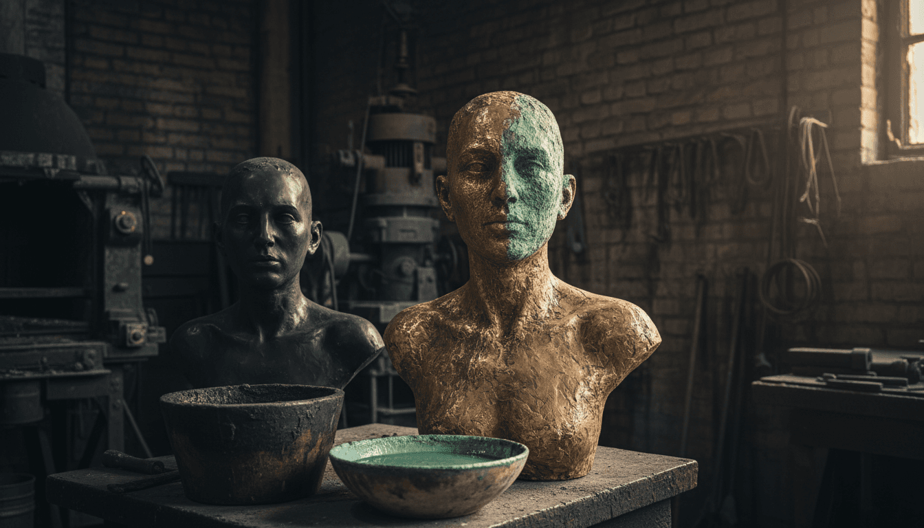 a bronze bust with a green verdigris patina beside a black wax model, a crucible, and a bowl of green patina solution in a foundry workshop