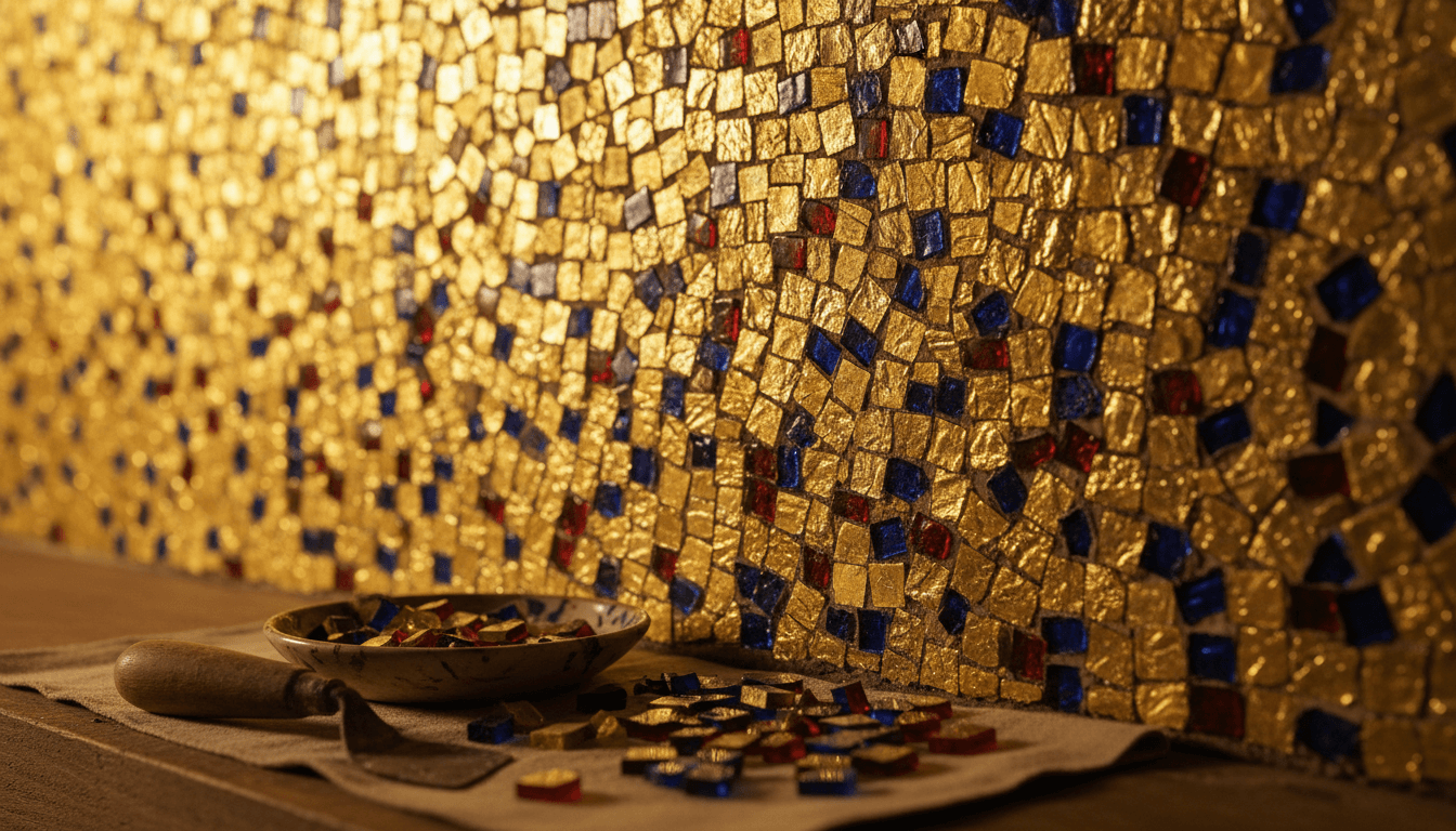 a wall mosaic of gold and glass tesserae set at uneven angles, catching raking light, with a trowel and a dish of glass pieces