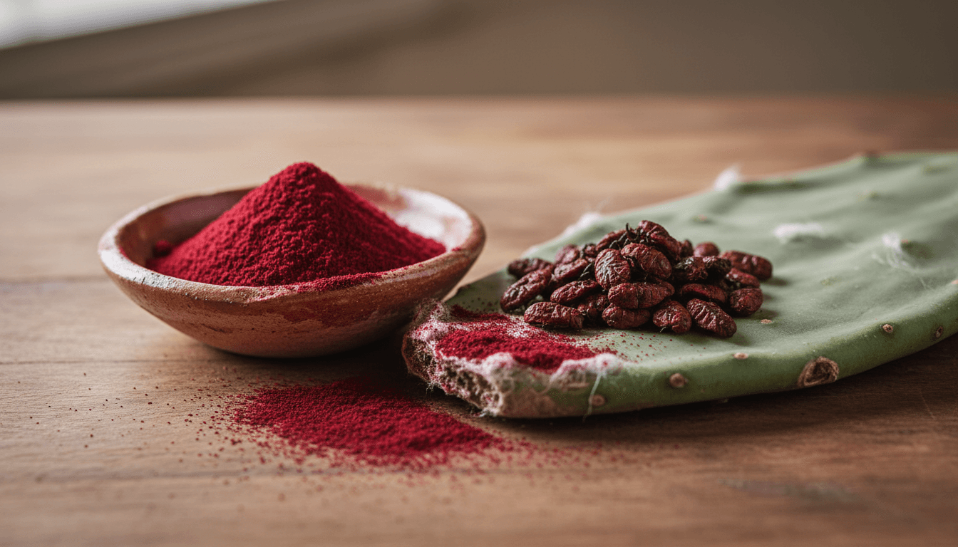 Crimson cochineal dye powder beside dried cochineal insects on a cactus pad.