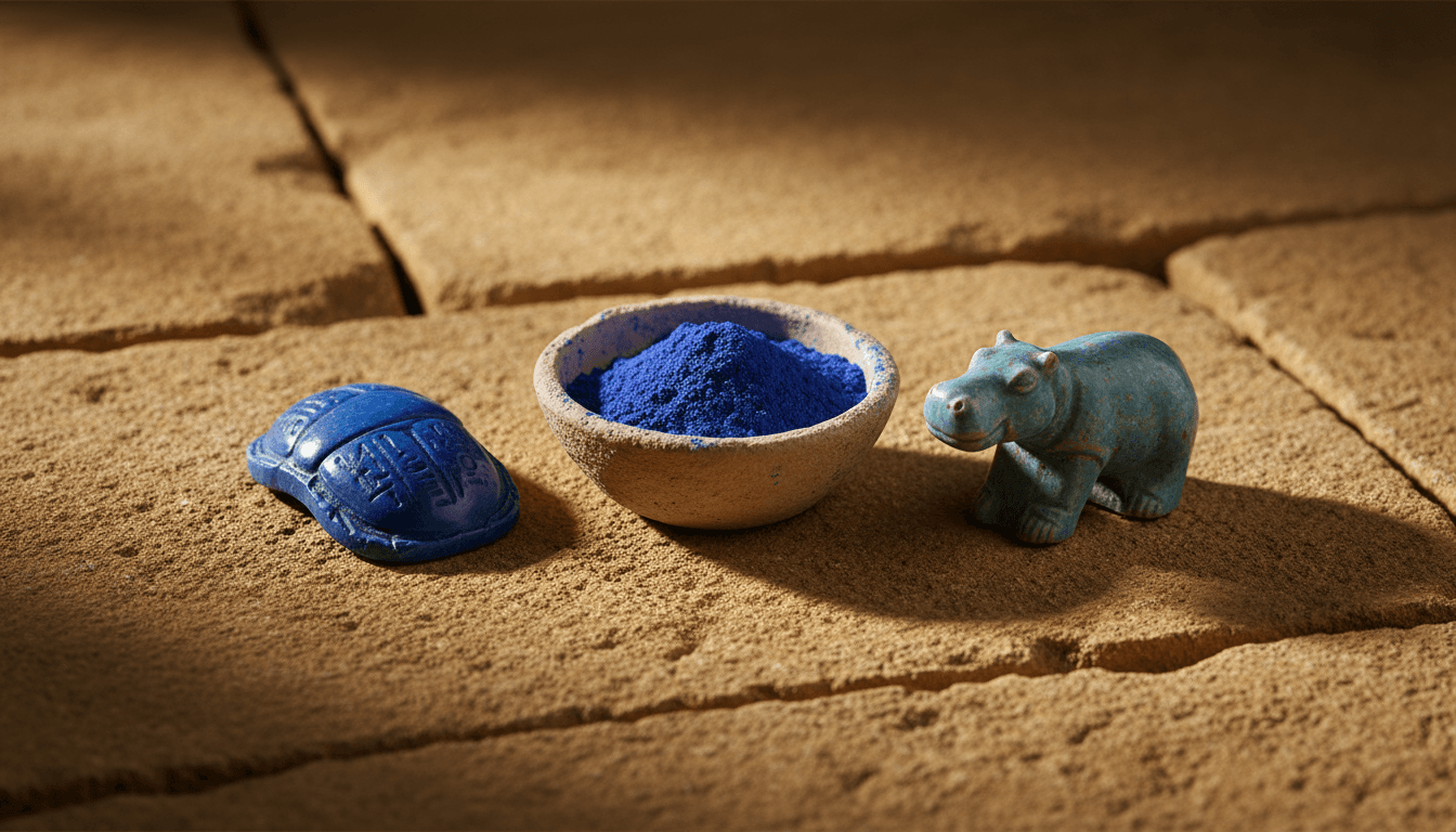 A bowl of Egyptian blue pigment powder with a blue faience scarab and a small blue hippopotamus figurine on warm sandstone blocks