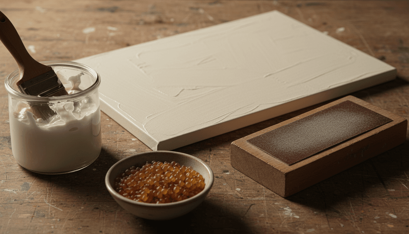 a jar of white gesso with a brush resting in it, a primed textured panel, a small bowl of amber glue pellets, and a sanding block on a worktable