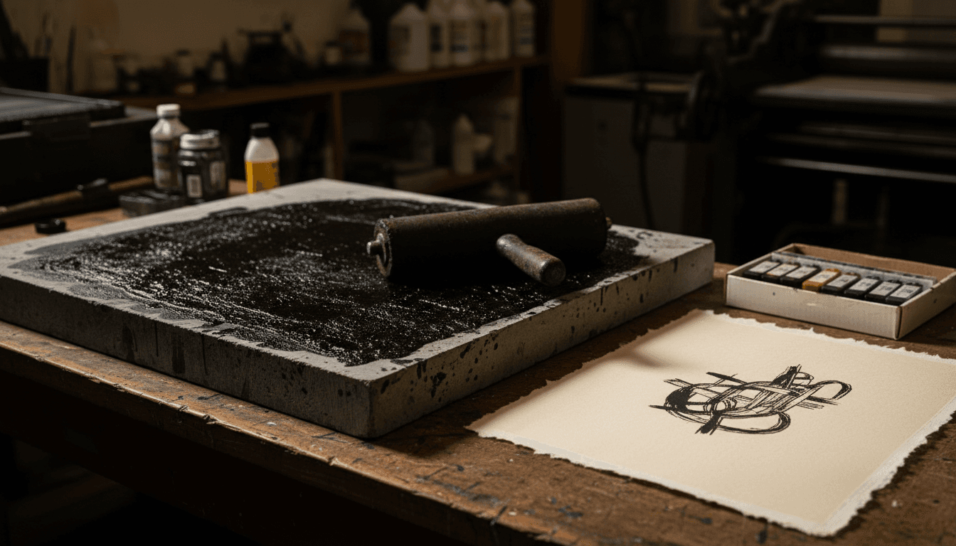 an inked lithographic limestone slab with a leather roller beside a finished print on cotton paper and a box of pigment cartridges in a studio