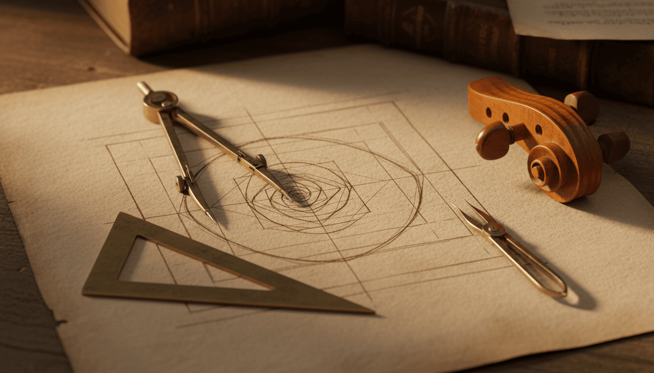 a hand-drawn golden spiral and nested rectangles on aged paper with a brass compass, dividers, set square, and a violin scroll