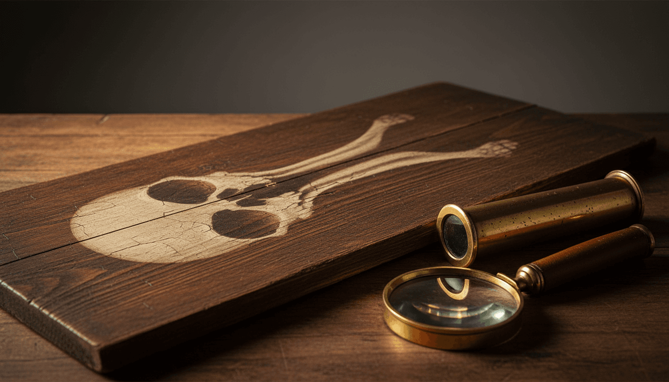 an antique dark wood panel with an elongated stretched pale anamorphic shape lit at a raking angle to suggest a skull, with a brass viewing tube and magnifying glass