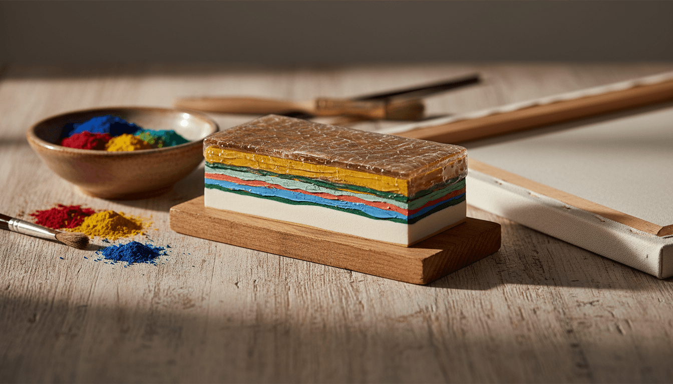 a cut-away cross-section model of a painting showing stacked wood support, white ground, coloured paint layers, and varnish, beside a primed canvas and brushes