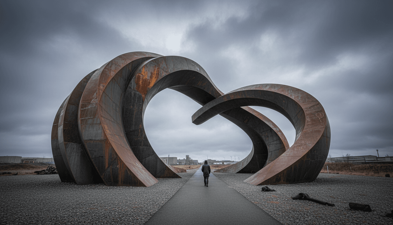 A monumental curved steel sculpture towering over a single small visitor walking beneath it.
