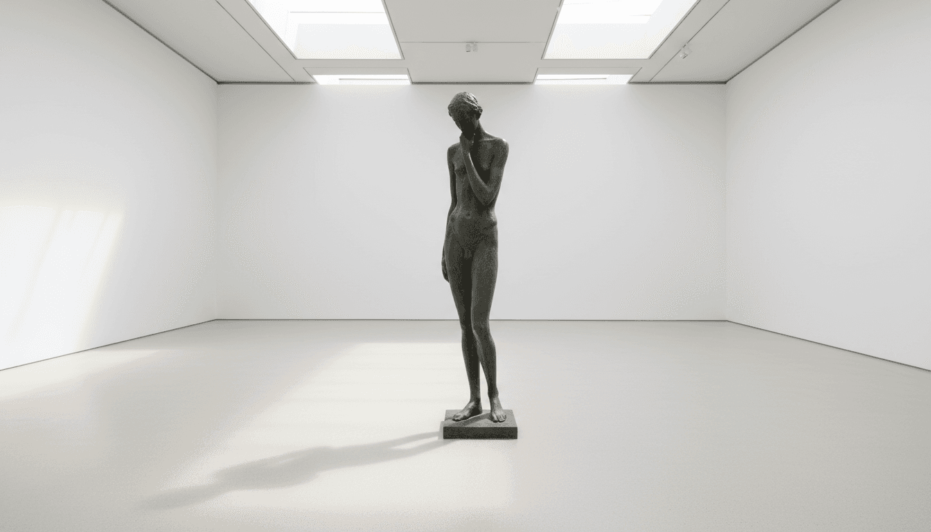 A life-size bronze sculpture of a standing human figure in a bright gallery.