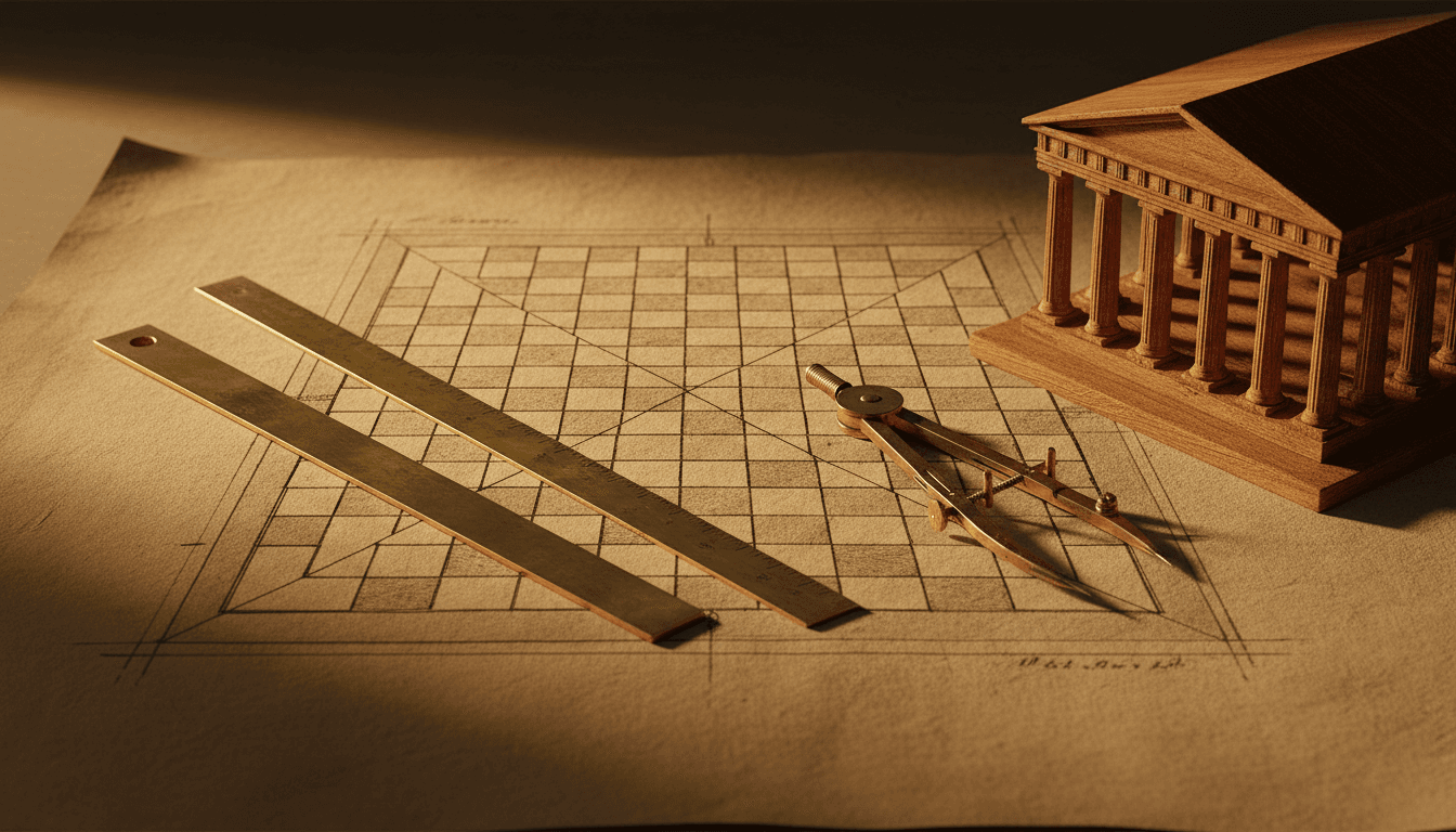 an aged architectural drawing of a tiled floor receding to a vanishing point on parchment, with brass straightedges, dividers, and a compass, beside a small wooden model of a colonnade