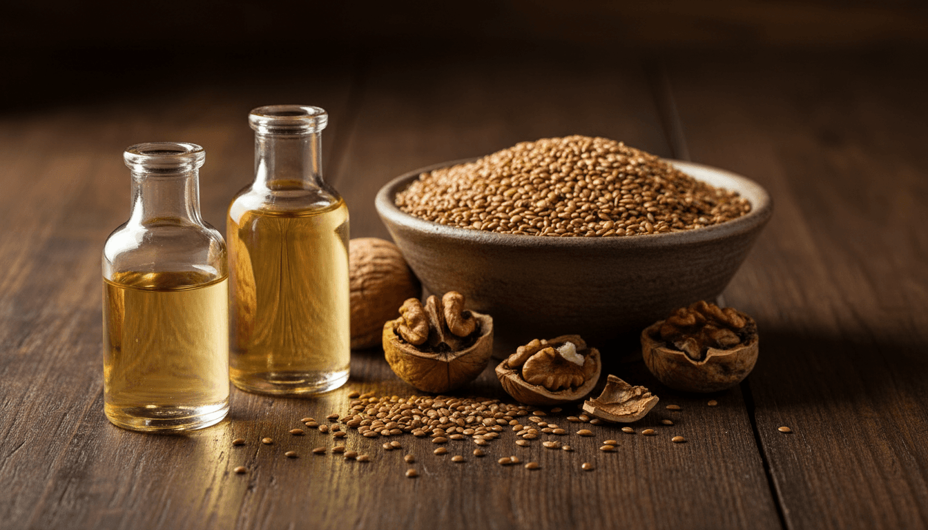 two glass bottles of pale linseed and clear walnut oil beside a bowl of linseed seeds and cracked walnut shells on a dark table