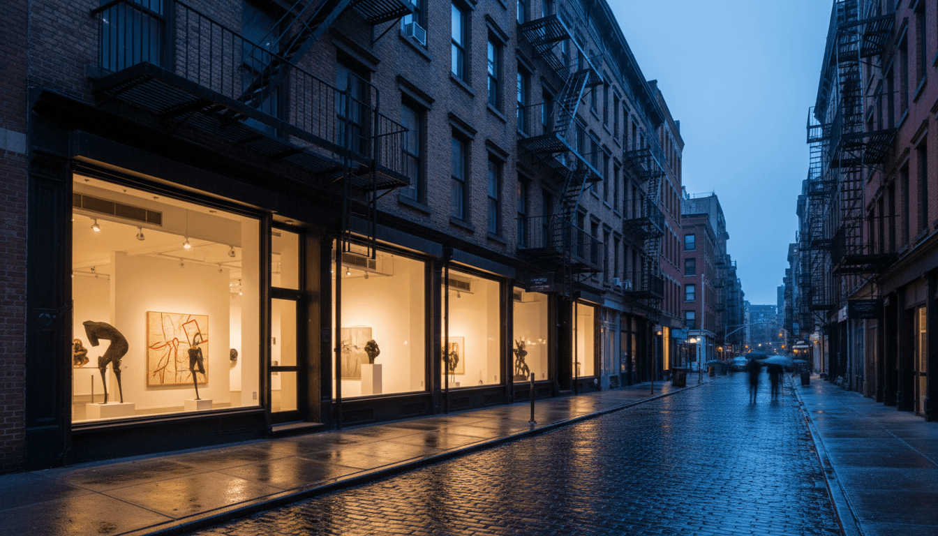 a Lower East Side street at dusk with brick tenements and warmly lit gallery storefronts, fire escapes, and wet pavement reflecting the light