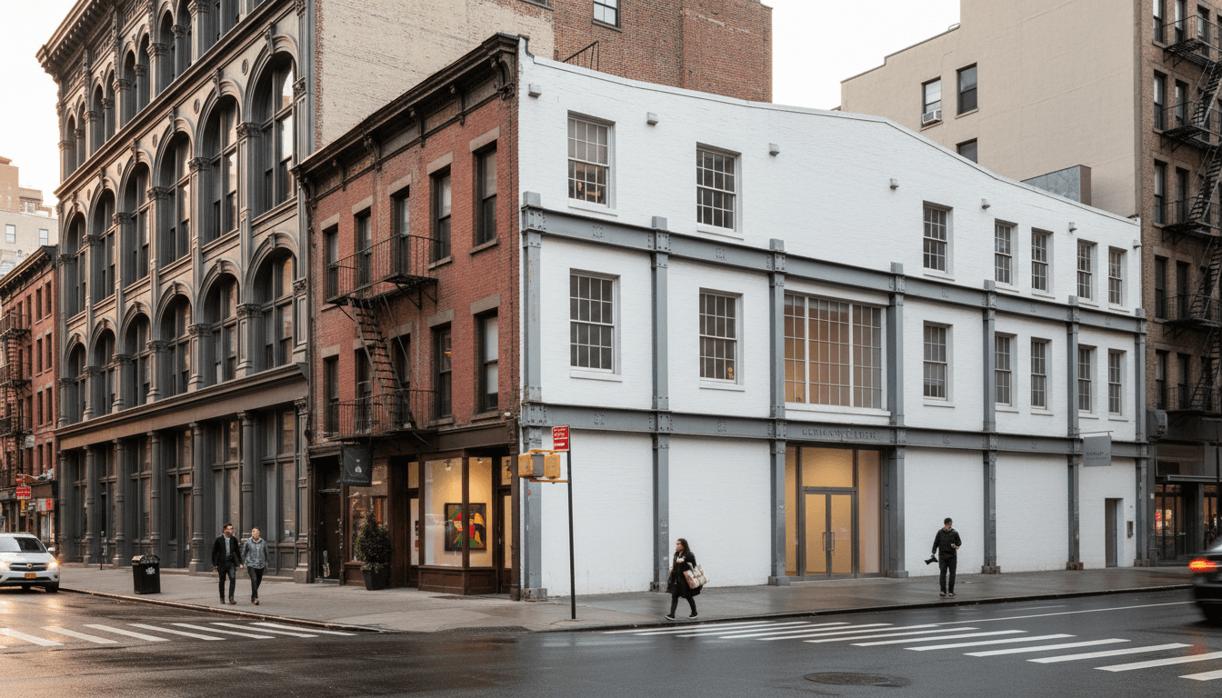 a New York street corner with a cast-iron facade, a brick tenement gallery, and a white industrial gallery building side by side, with pedestrians