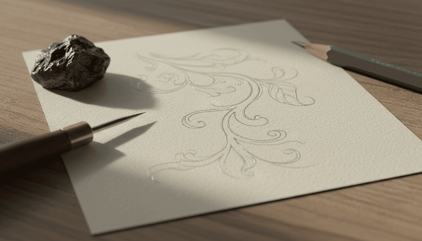 a fine silverpoint drawing of delicate silver lines on coated paper with a silver wire in a wooden holder, a graphite lump, and a pencil