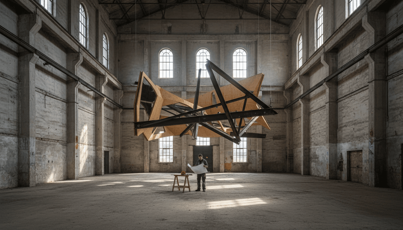 a large suspended steel-and-timber installation filling an empty industrial hall, with a lone figure holding plans beneath it