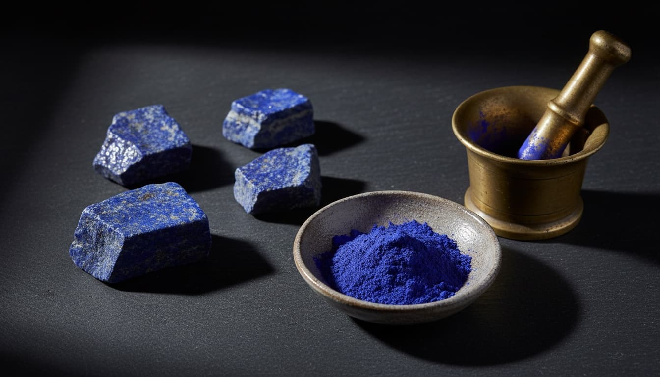 Raw lapis lazuli stones and a dish of ultramarine pigment beside a brass mortar and pestle on a dark slate surface
