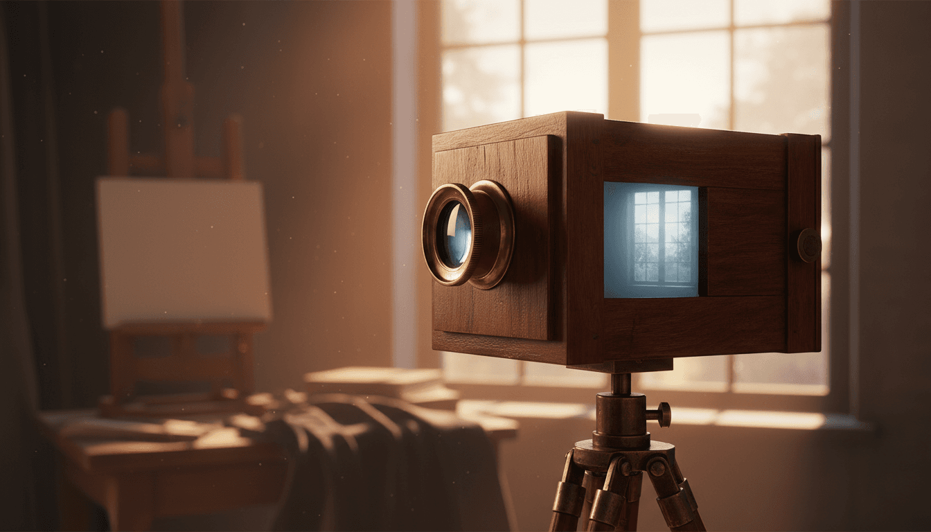a wooden camera obscura box with a brass lens on a stand pointed at a bright studio window, with an easel behind