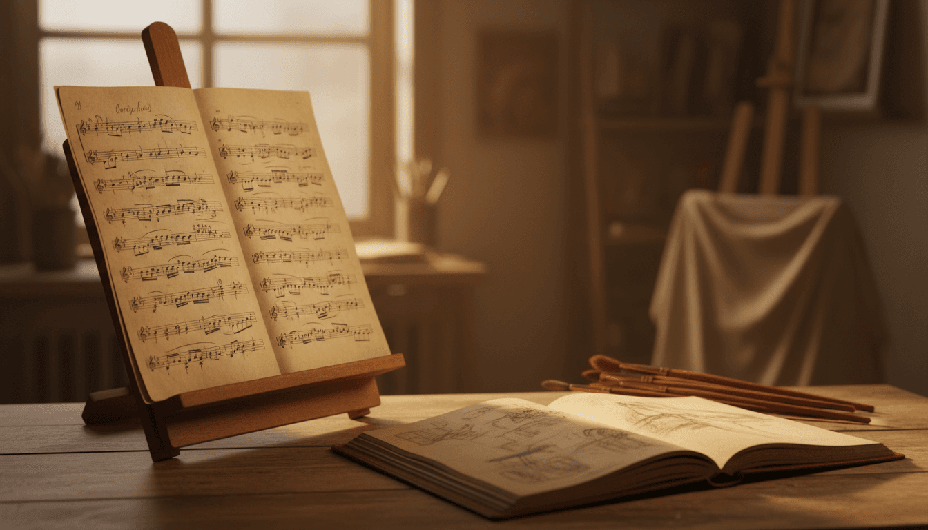 an open book of musical notation on a stand beside a painter's sketchbook with drawings and a set of brushes on a studio table