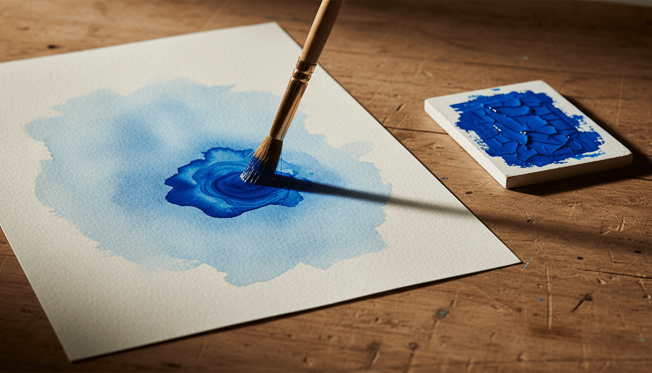 a brush lifting blue watercolour from a wet wash on textured paper, beside a glossy blue acrylic paint swatch on board on a wooden table