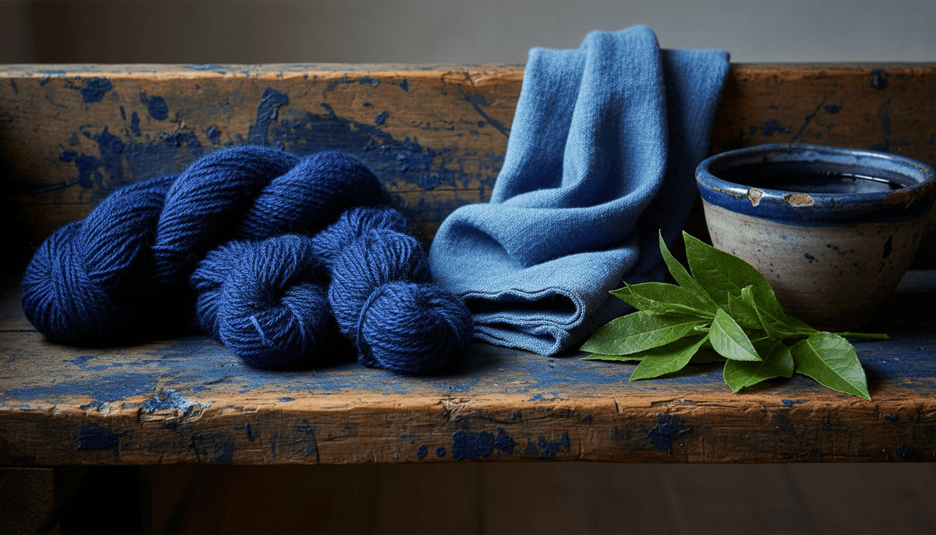 hanks of deep indigo-dyed wool and folded blue linen on a blue-stained wooden bench with fresh woad leaves and a ceramic dye bowl