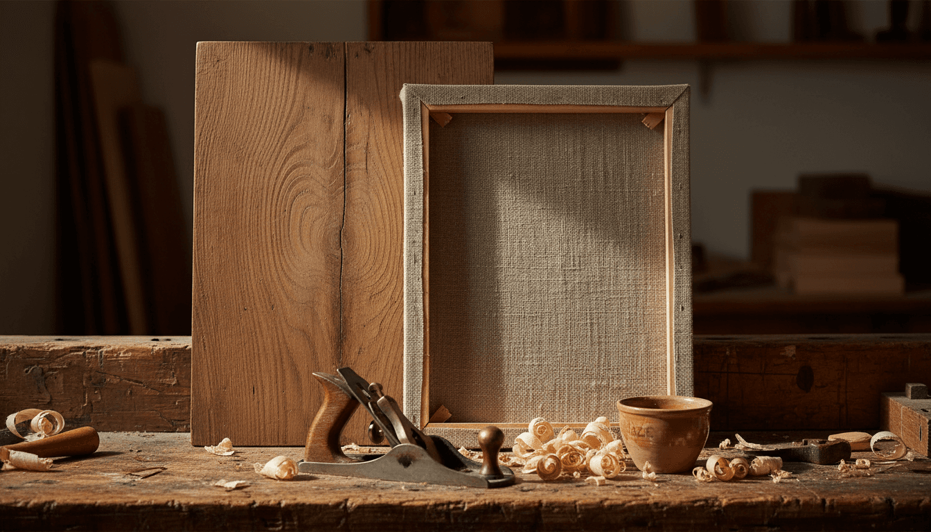 an antique wooden panel painting with visible grain propped beside a taut linen canvas on a stretcher, with a hand plane and curled shavings on a bench